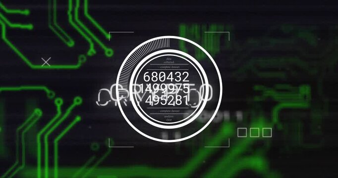 Animation of numbers in circle, crypto text symbol, glitch technique over circuit board pattern