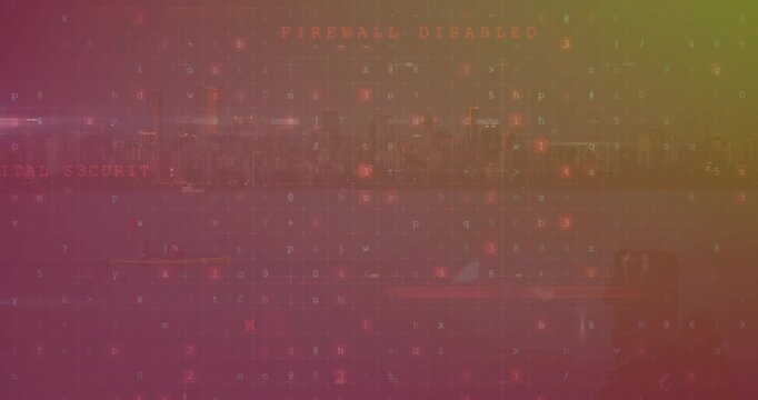 Animation of multiple text, alphabets, numbers and symbols over sea and cityscape in background