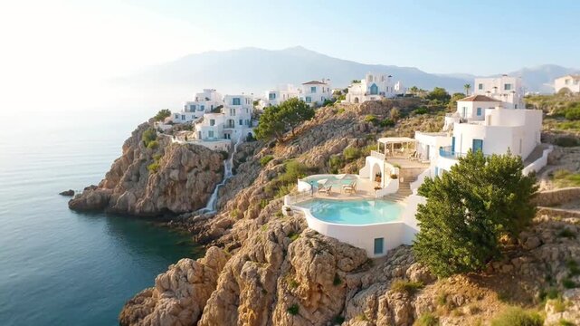 Serene cliffside villas with pools overlooking ocean and mountains