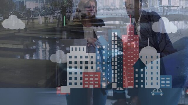 Composite video of diverse businessman and businesswoman discussing at office against 3d cityscape