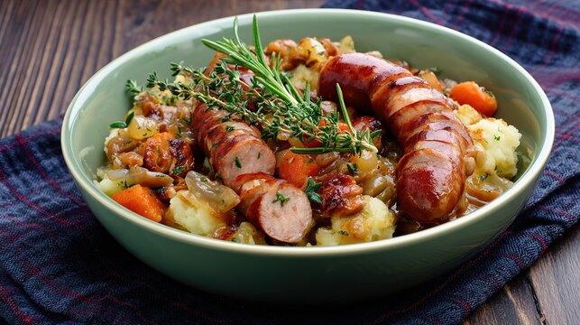 Traditional Dutch Stamppot Featuring Creamy Mashed Potatoes Topped with Sliced Smoked Sausage, Rich Brown Gravy, and Fresh Parsley Garnish, Served in a Rustic Ceramic Bowl on Wooden Table, Hearty and 