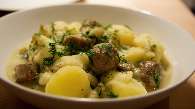 Traditional Dutch Stamppot with Mashed Potatoes and Kale, Served on a Plate with Two Smoked Sausages, Creamy Green Mash with Butter and Gravy, Hearty Comfort Food for Lunch or Dinner, Rustic Presentat