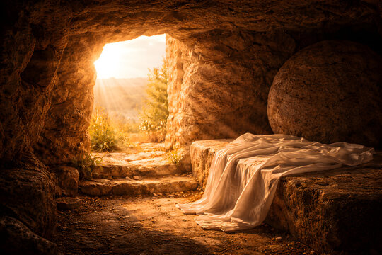 The empty tomb of Jesus on Easter morning, symbolizing resurrection and new life with sunlight streaming in