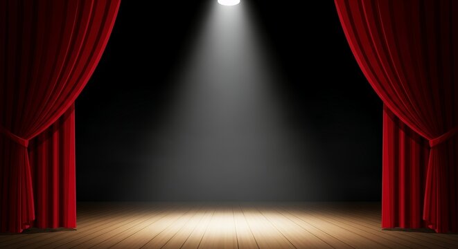 Crimson velvet curtains part to reveal a spotlight illuminating a polished wooden stage floor, inviting anticipation and performance.