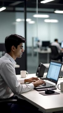 Indian young man working on a laptop in a modern office