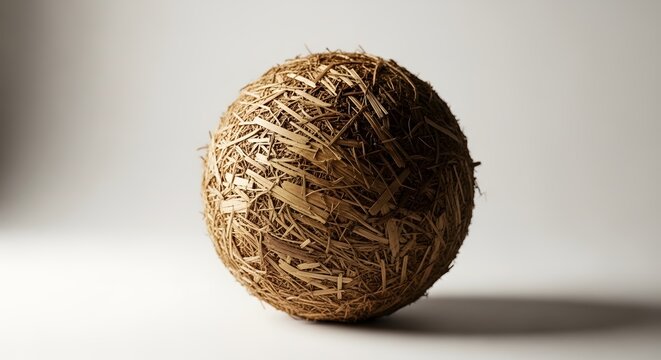 Close-up of a textured straw ball on a white background