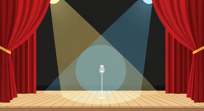 Empty stage with microphone and red curtains, ready for performance under spotlights, creating anticipation for an event
