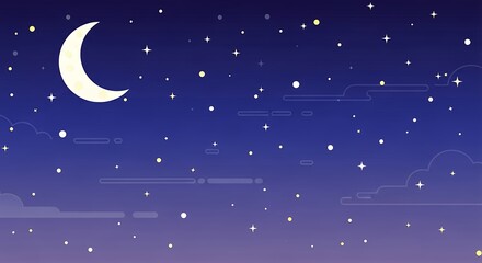 Naklejka premium Serene crescent moon illuminating a starry night sky with soft, stylized clouds, a whimsical celestial panorama