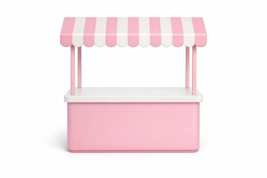 Empty pink and white striped market stall with awning, 3D render isolated on white background, perfect for product display or small business concept