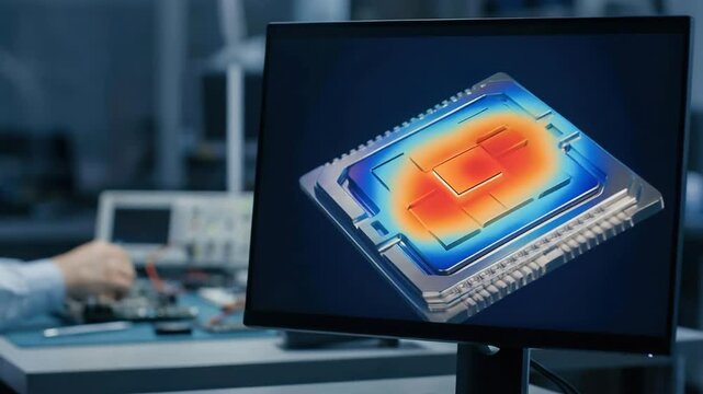 Next gen engineering solution simulation digital twin concept for microchip cooling interface heat map analysis laboratory for advanced electronic
