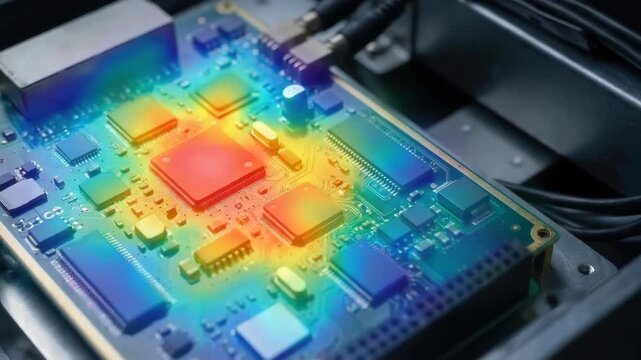 Next gen engineering solution simulation digital twin thermal analysis technology concept for hot electronics circuit board processor chip computer