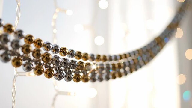 Shimmering gold and silver metallic bead garlands hanging in front of a warm bokeh background