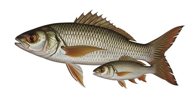 Two freshwater common roach fish (Rutilus rutilus), one adult and one juvenile, isolated on a white background, side view for biology or fishing themes.