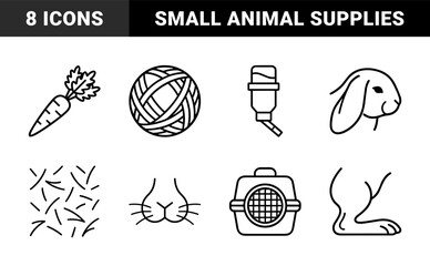 Rabbit care and small animal pet ownership elements in technical monoline style. Minimalist pictograms featuring bunny diet, hydration, and transport equipment.