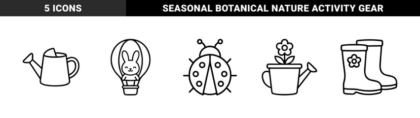 Spring gardening and outdoor nature elements in monolinear style. Chunky aesthetic featuring bunny in hot air balloon, watering can, ladybug, rain boots, and potted flower.