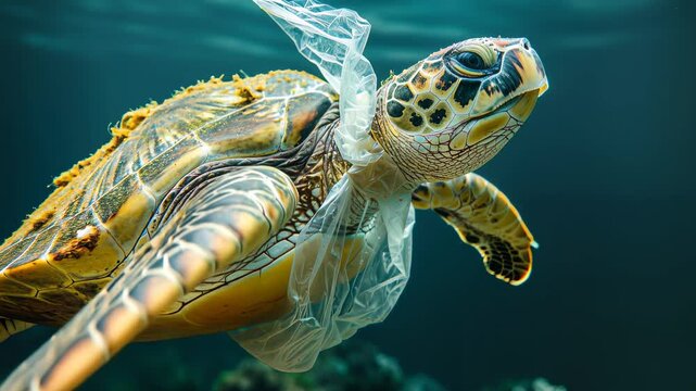 A turtle swimming in the ocean discovers a plastic bag polluting its underwater environment.