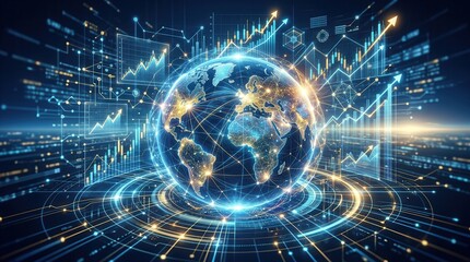 Obraz premium Global economy growth concept featuring interconnected financial networks and strategic expansion of capital markets during a period of economic recovery. no human,no face,