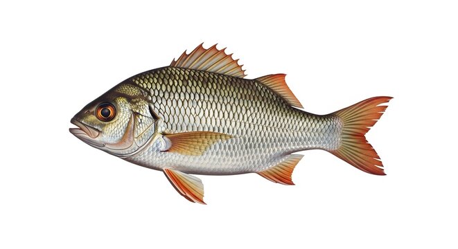 Detailed freshwater common roach fish (Rutilus rutilus) presented in a side profile, isolated on a clean white background.