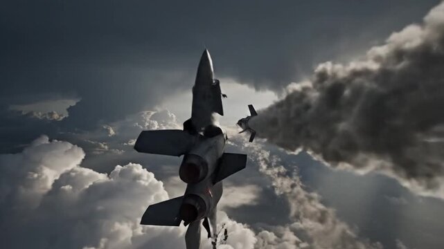 Jet Fighter in Open Sky Flying Through Dramatic Sunbeams and Clouds