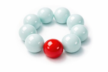 Red sphere standing out among light blue spheres arranged in a circle on a clean white background, symbolizing uniqueness, leadership, and distinction