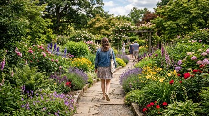 Fototapeta premium Celebrating National Walking Day with a leisurely stroll through a vibrant garden path surrounded by lush greenery and colorful blooms
