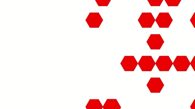 Engaging animation of red hexagons flowing and creating a dynamic abstract pattern on a white background. Ideal for energetic backgrounds or stylish transitions.
