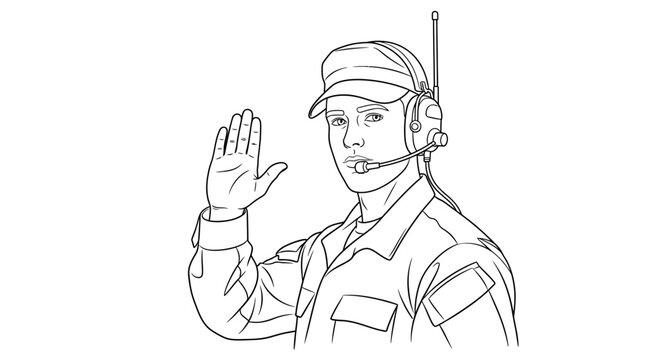 Military communication officer with headset and microphone, raising hand in greeting or signal.