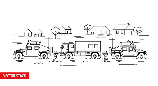 Military Convoy with Humvees and Truck in a Village Setting