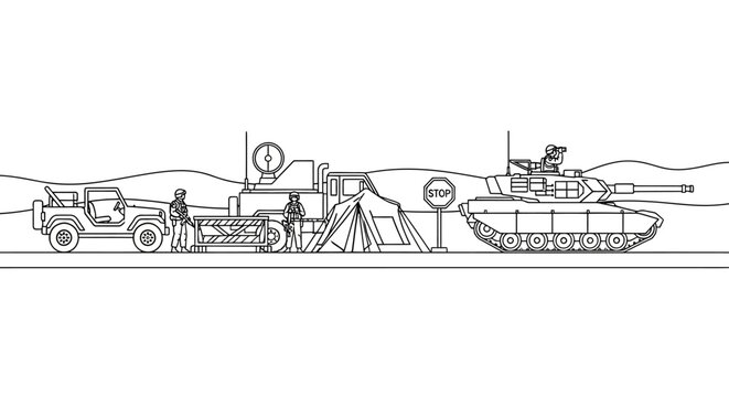 Military convoy with tank, jeep, truck, tent, and soldier in desert landscape
