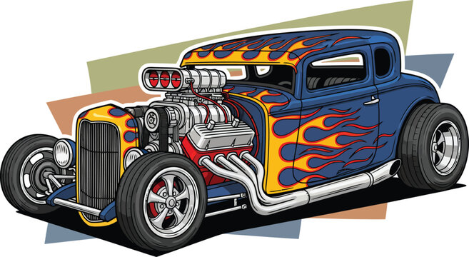 Classic Blue Hot Rod Car with Fiery Flames.