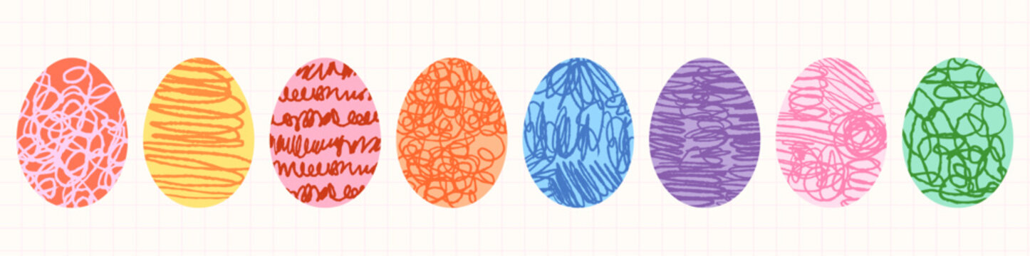 Colorful doodle Easter vector egg shapes with different hand painted scribble textures, fun scrapbook graphic design elements for greeting cards and banners