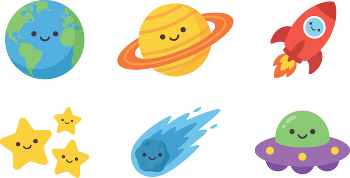 Cute Cartoon Style Outer Space Elements with Smiling Faces Illustration
