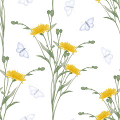 Seamless pattern yellow wildflowers green stems and small butterflies. Hand drawn watercolor drawing illustration with botanical floral elements.for textile fabric wallpaper packaging wrapping paper.