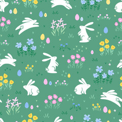 Naklejka premium Cute hand drawn Easter seamless pattern with bunnies, flowers, easter eggs, beautiful background, great for Easter Cards, banner, textiles, wallpapers - vector design