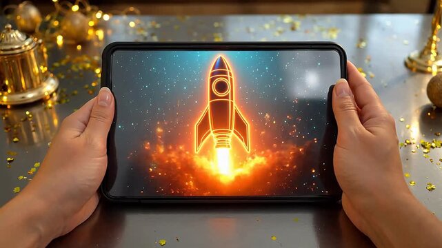 Hands holding tablet with rocket launch image