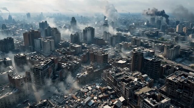 Aerosolfilled cityscape with damaged buildings
