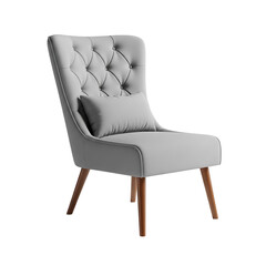 A light gray upholstered chair with tufted back and pillow isolated on transparent background