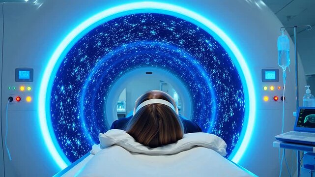 Person undergoing medical scan in futuristic machine