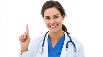 Smiling woman doctor pointing finger up, medical professional gesture, healthcare indication moment, positive medical visualization, with copy space