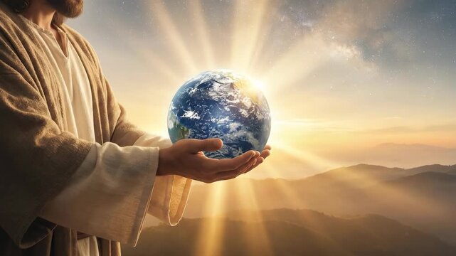 Jesus Christ holding the glowing planet earth in his hands. Symbol of divine creation and cosmic protection at sunrise. Religious faith and spiritual connection.