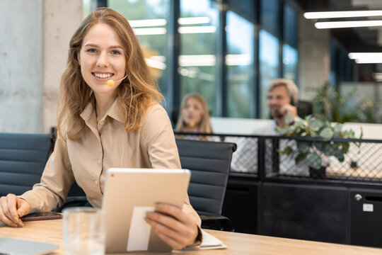 Freelance business women using tablet working call video conference with customer in workplace at office.