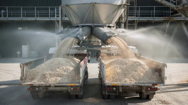 Medium shot of a silo loading chute carefully filling trucks with measured pellets focusing on dust suppression mechanisms in action during industrial material handling.