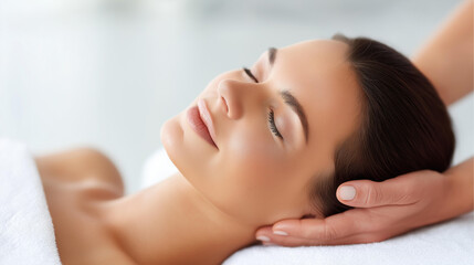 Fototapeta premium Beautiful woman laying at cosmetologist spa salon, client treatment position, beauty service moment, relaxation aesthetic visualization, with copy space