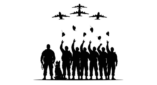 Military Team with Dog and Airplanes Dropping Parachutes