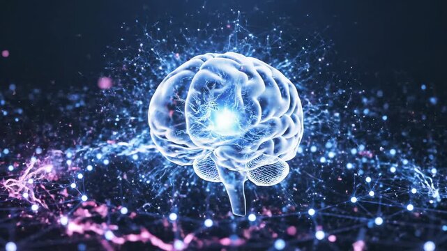 Human brain model with glowing neural impulses and complex network connections