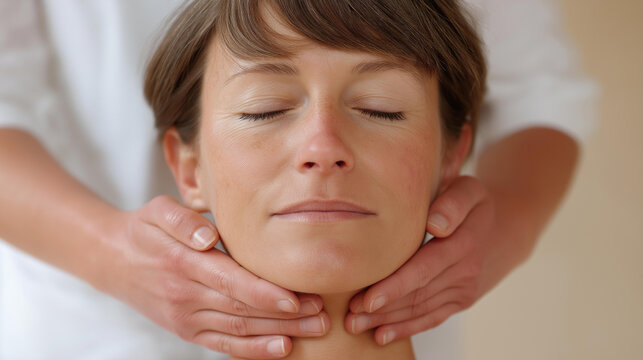 Female cosmetologist demonstrating intraoral neuromuscular massage, buccal facial massage featuring, close-up professional technique, advanced skincare procedure, with copy space