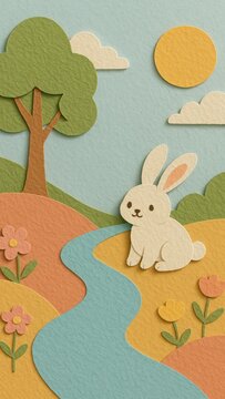 Cute paper-cut bunny landscape mobile wallpaper