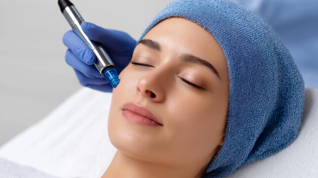 Close-up cosmetologist beautician applying facial dermapen treatment, young woman customer beauty salon, cosmetology professional skin care, face rejuvenation procedure, with copy