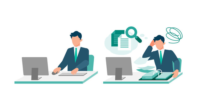 Comparative illustration of a businessman working efficiently on a desktop versus an overwhelmed male employee struggling to find data in a pile of paper files