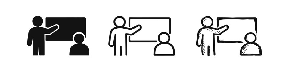 Teaching and Presentation Icon Set: Lecturer Explaining to Student, Educational Training Symbols © drawing lines